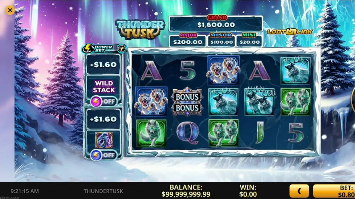Visual detalhado do slot Thunder Tusk com tema de mamute e era glacial