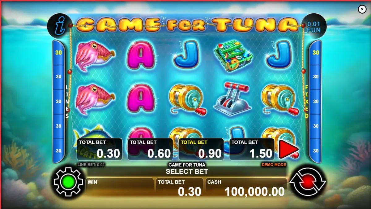 Imagem do jogo Game For Tuna da CT Gaming, mostrando símbolos de pesca e atuns em um cenário submarino vibrante.